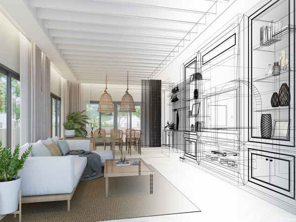 Visuel mélangeant un intérieur 3D de maison avec un style plus croquis