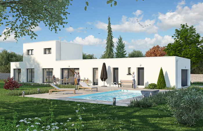 Maison contemporaine avec piscine en 3D