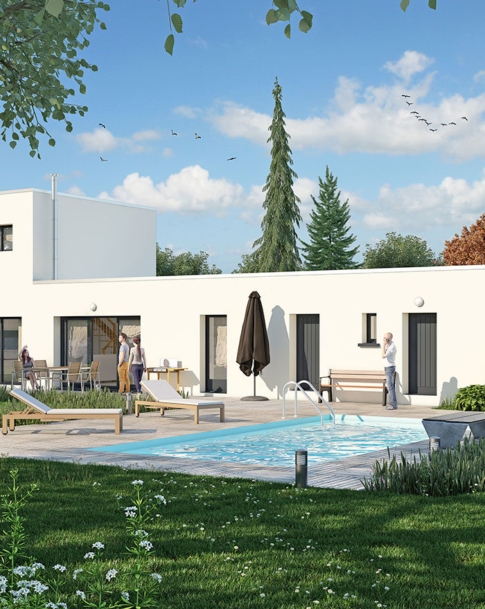 Maison contemporaine avec piscine en 3D