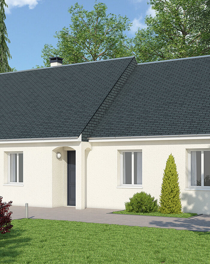 Maison en 3D plain pieds avec tuiles en ardoise grise