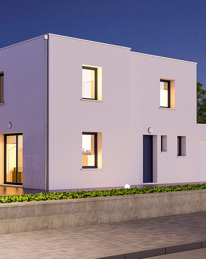 3D d'une maison contemporaine, vue de nuit