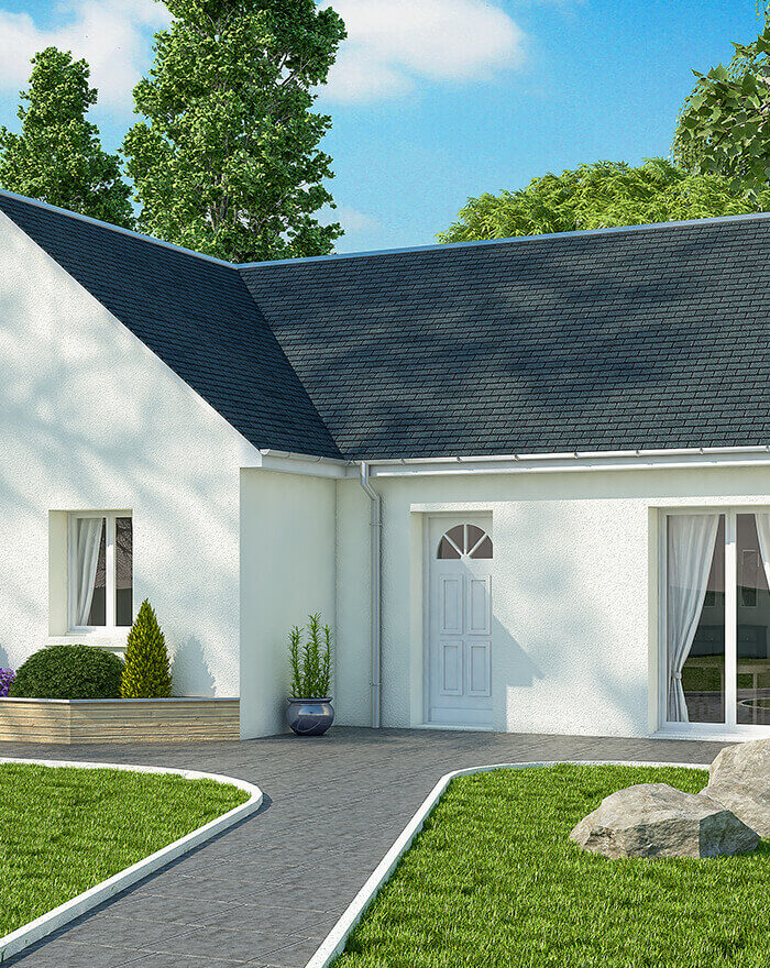 Vue 3D extérieur d'ne maison traditionnelle, tuiles grises