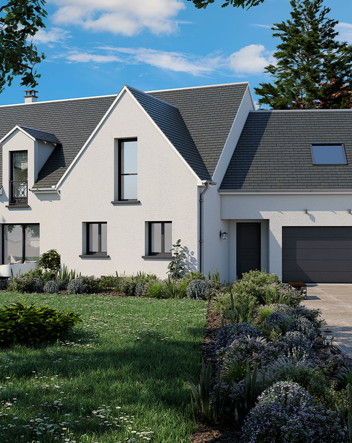 Maison 3D d'une maison traditionnelle, avec jardin