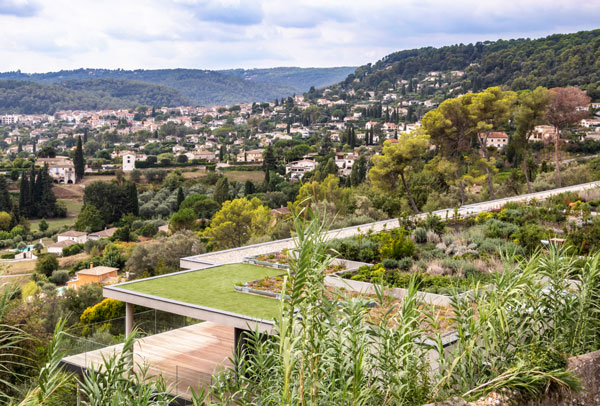 Vue d'une ville en hauteur avec au premier plan un toit végétalisé