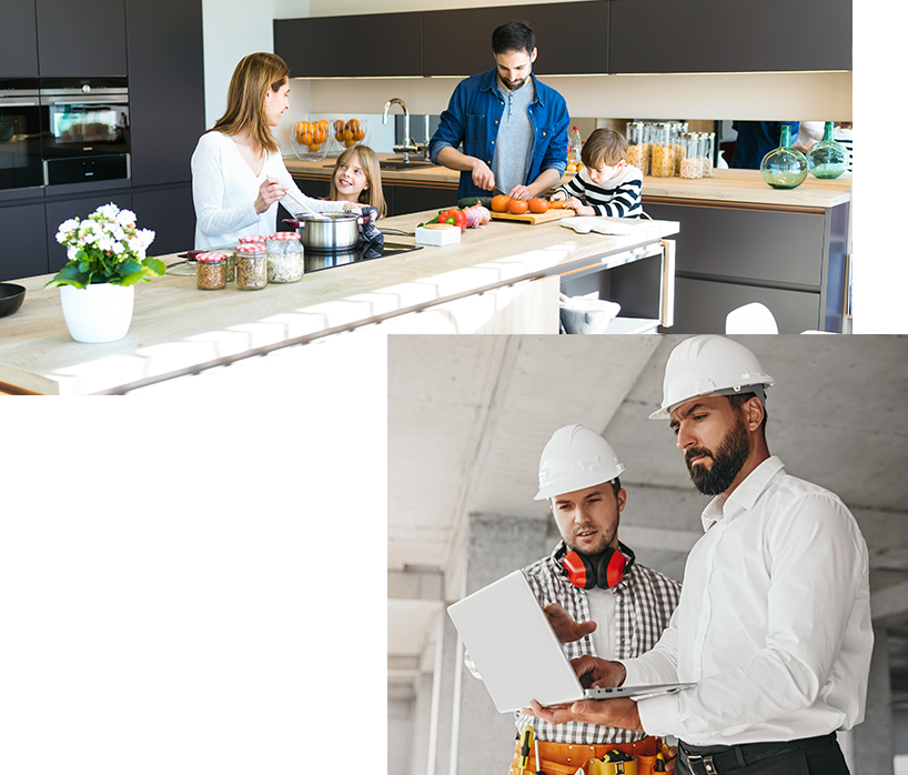 Famille cuisine constructeur de maison devant un ordinateur