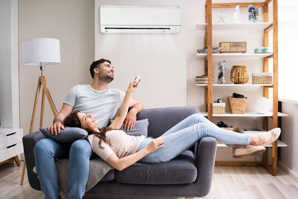 Couple dans un canapé climatiseur intérieur maison