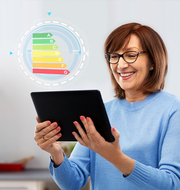 Femme avec tablette sur sa consommation d'énergie dans une maison