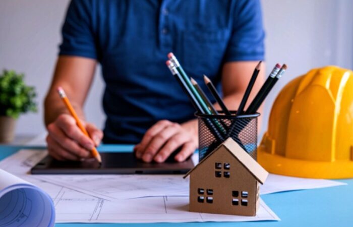 Un entrepreneur en train d'établir le plan d'une maison