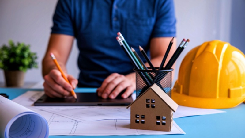 Un entrepreneur en train d'établir le plan d'une maison