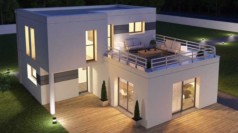 Une maison cubique avec une toiture plate
